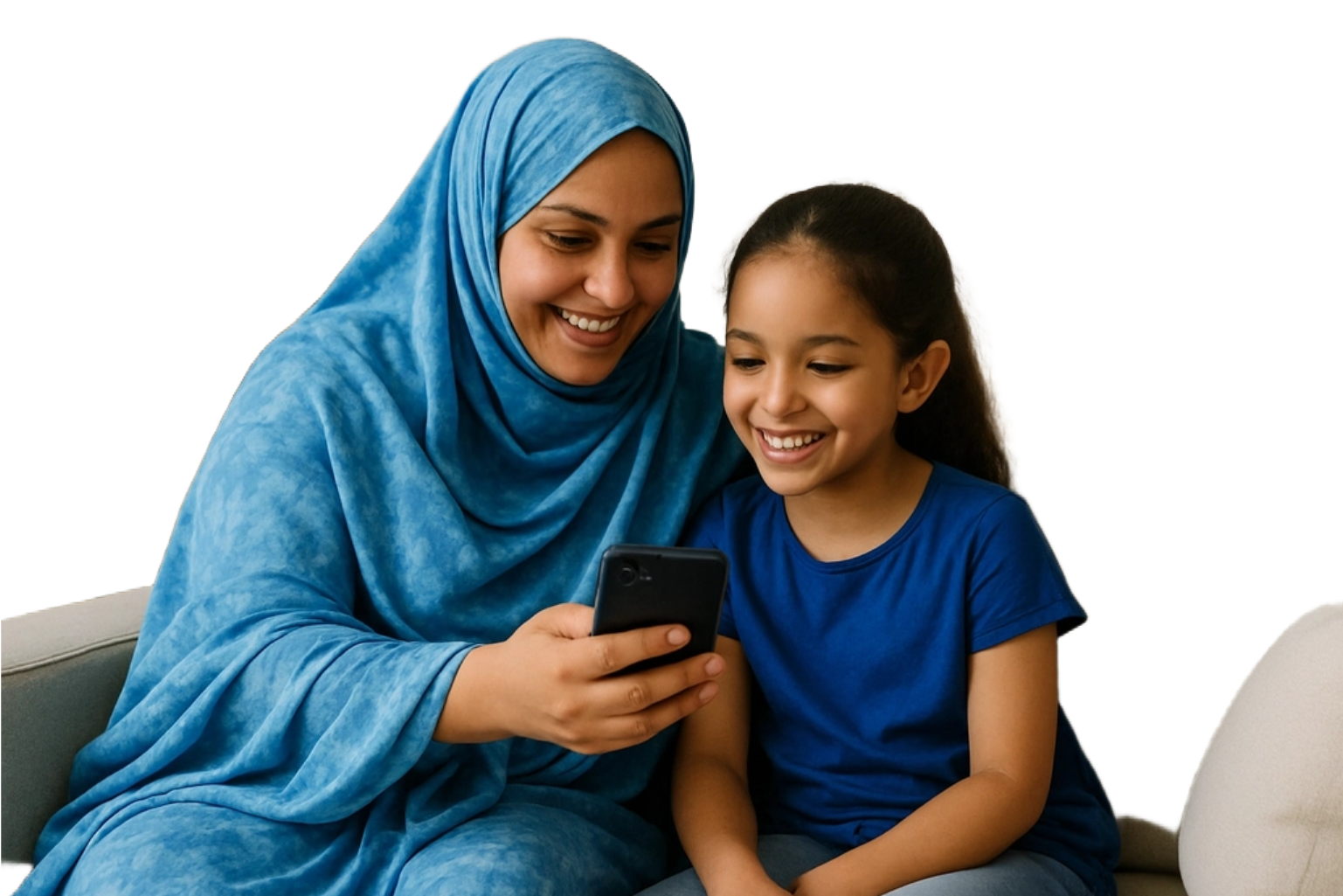 Mother and daughter using phone together